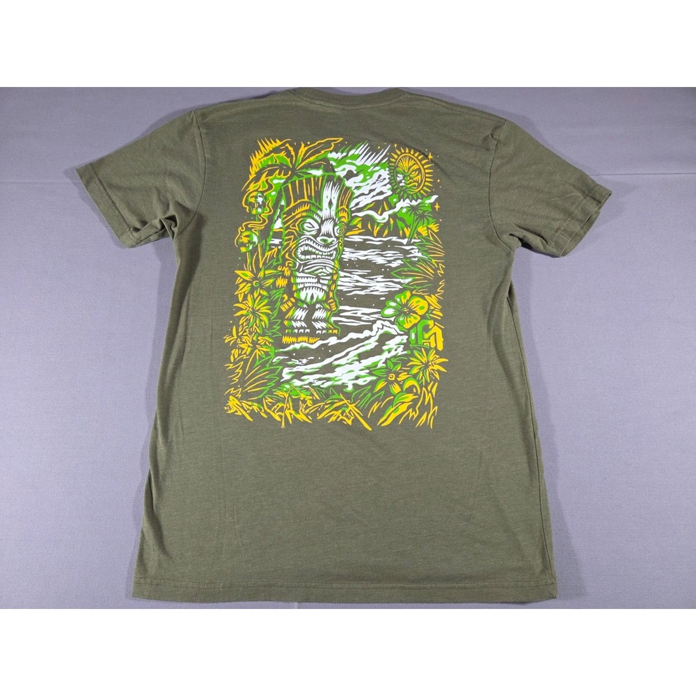 Into The AM Shirt Mens Medium Green Tiki Polynesian Hawaiian Bamboo Floral Mask